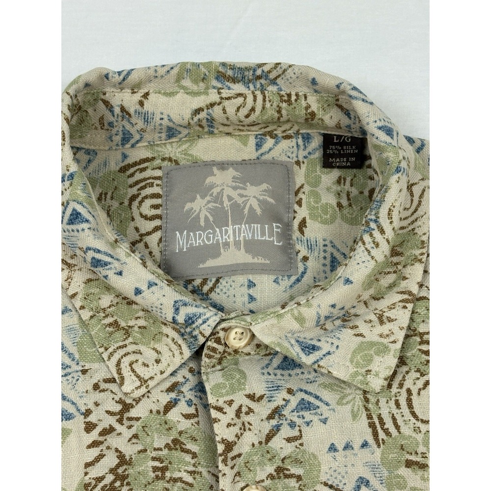 VTG Margaritaville Silk/Linen Tropical/Hawaiian Shirt Beige w/Teal/Sage/Brown